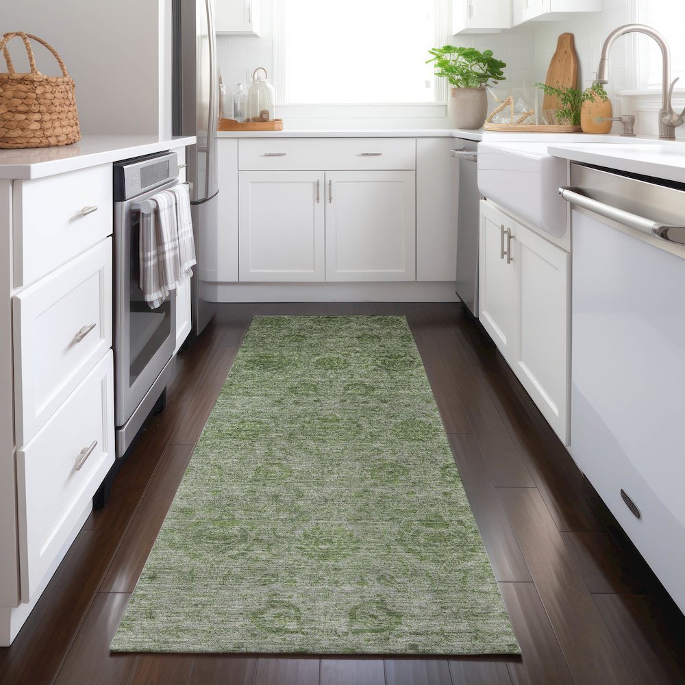 Luxury Washable Indoor/Outdoor Burano Olive 2'3" x 7'6" Runner Rug. Picture 5