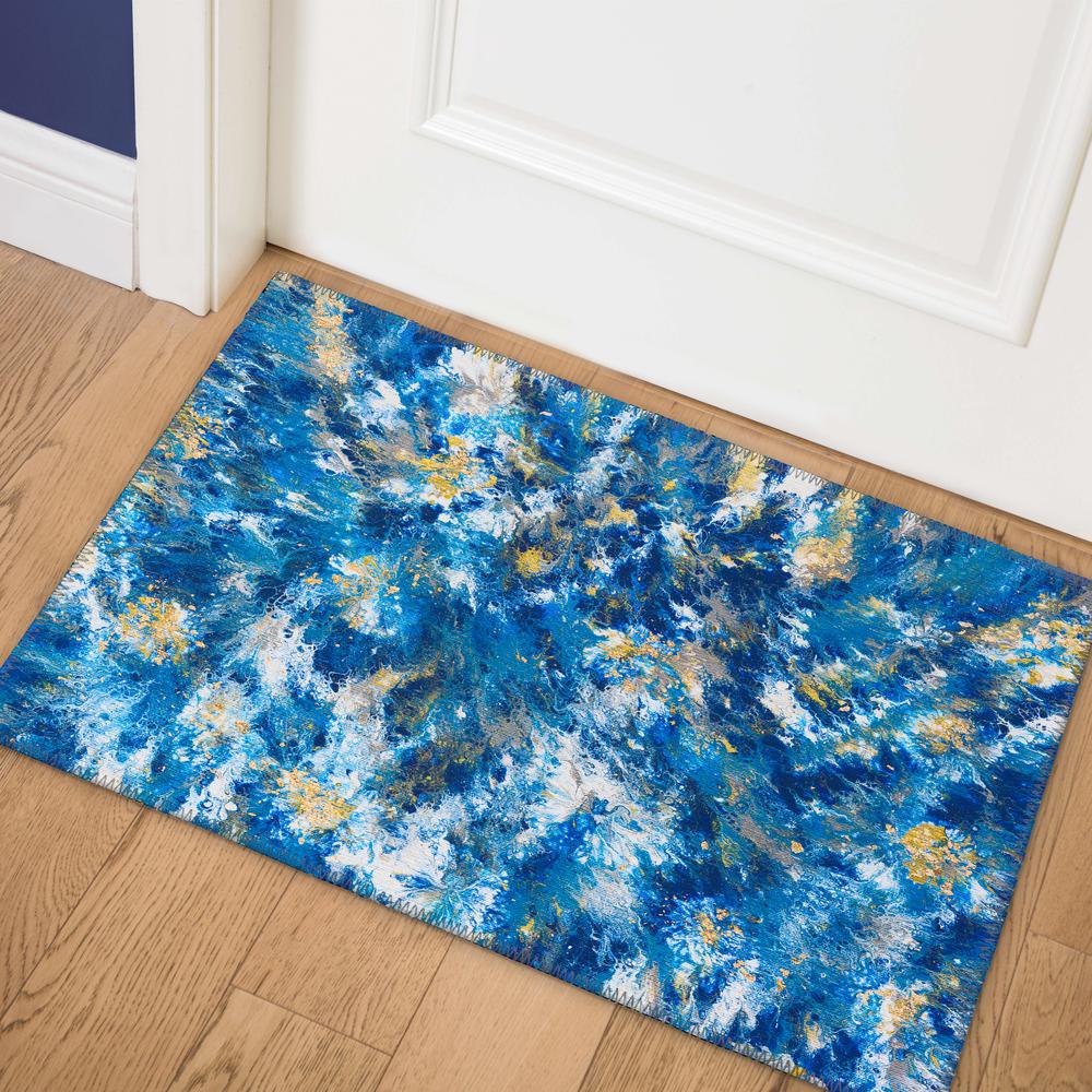 Karina Blue Modern Abstract 1'8" x 2'6" Accent Rug Blue AKC47. Picture 1