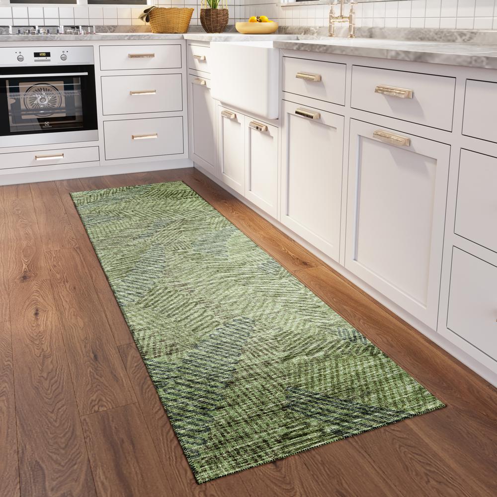 Yuma Green Transitional Abstract 2'3" x 7'6" Runner Rug Green AYU41. Picture 1