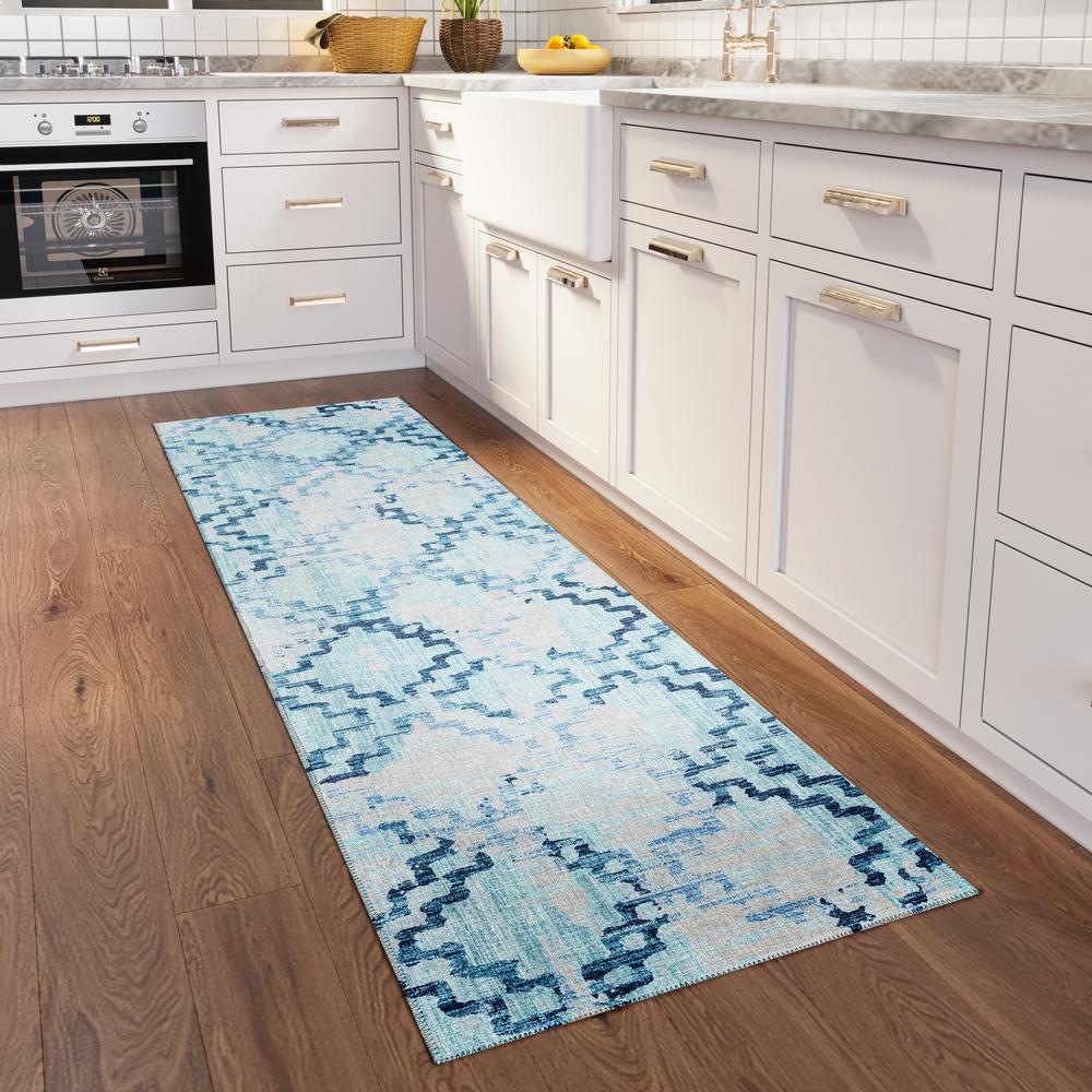 Yuma Blue Transitional Trellis 2'3" x 7'6" Runner Rug Blue AYU45. Picture 1