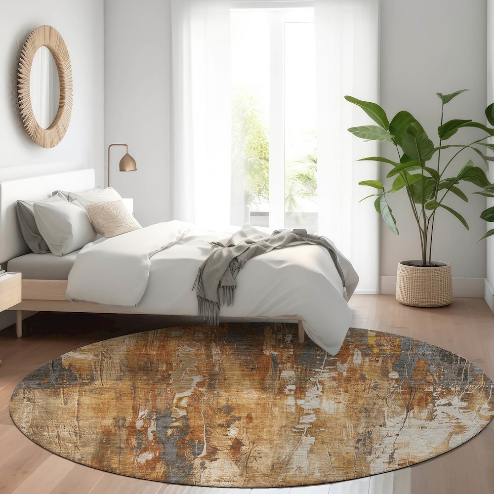 Luxury Washable Indoor/Outdoor Kochi Rust 8' x 8' Round Rug. Picture 5