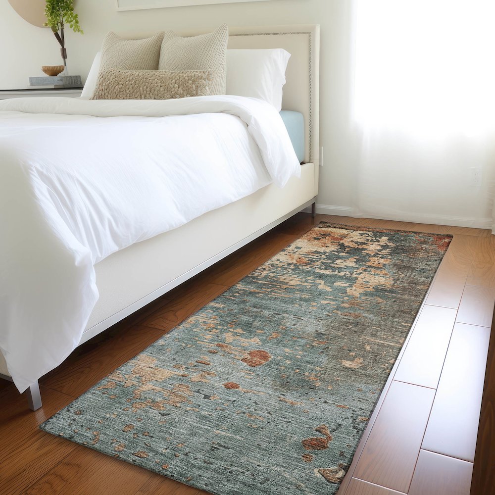Luxury Washable Indoor/Outdoor Kochi Teal 2'3" x 7'6" Runner Rug. Picture 5