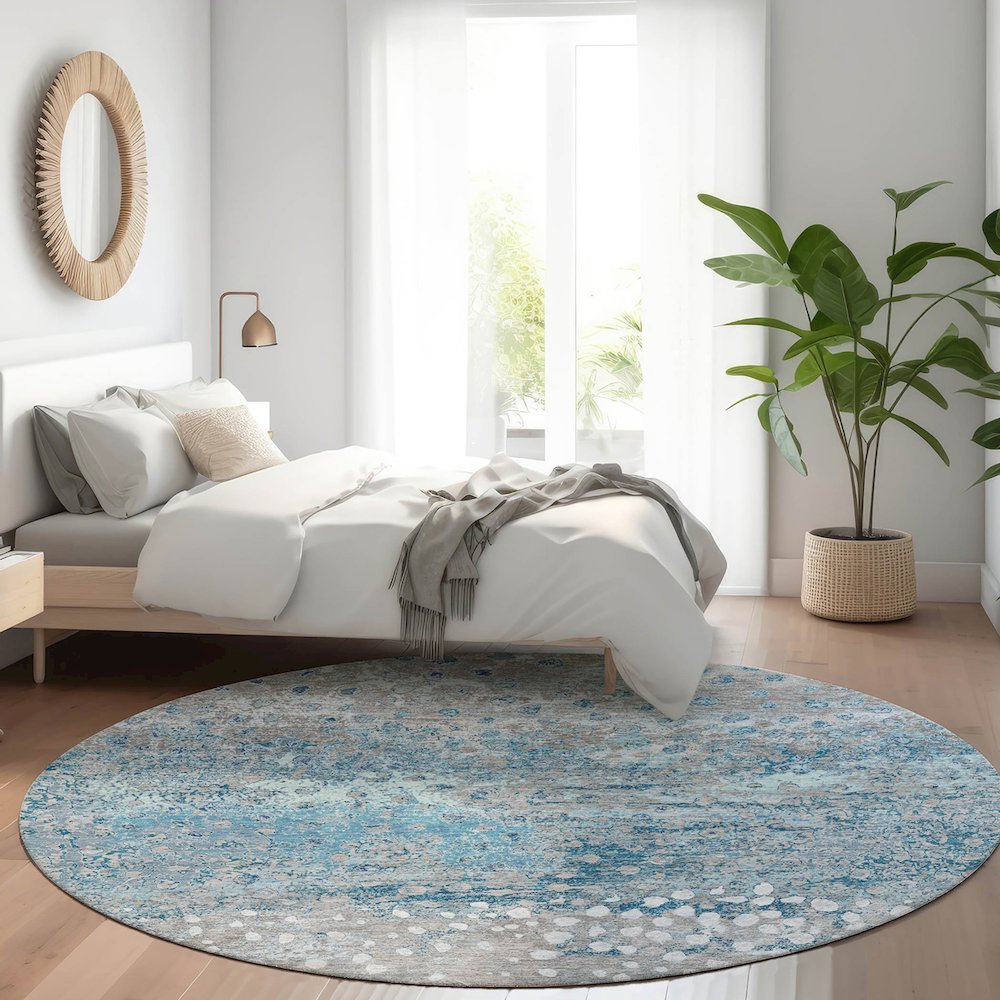 Luxury Washable Indoor/Outdoor Kochi Gray 8' x 8' Round Rug. Picture 5