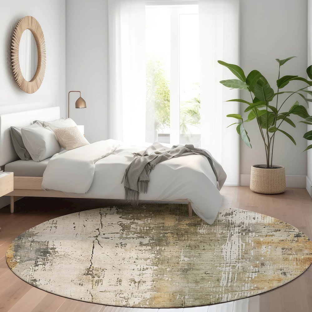 Luxury Washable Indoor/Outdoor Kochi Putty 8' x 8' Round Rug. Picture 5