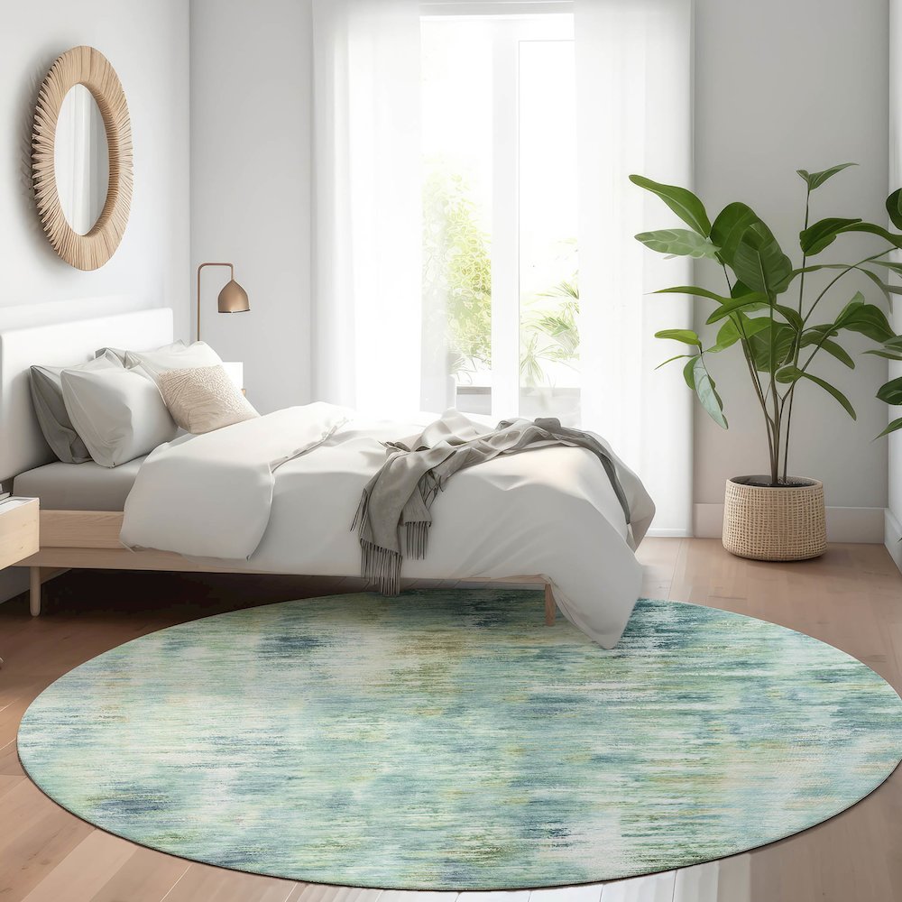 Luxury Washable Indoor/Outdoor Kochi Teal 8' x 8' Round Rug. Picture 5