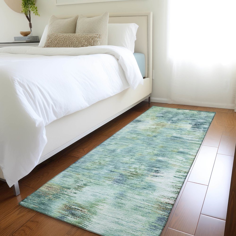 Luxury Washable Indoor/Outdoor Kochi Teal 2'3" x 7'6" Runner Rug. Picture 5