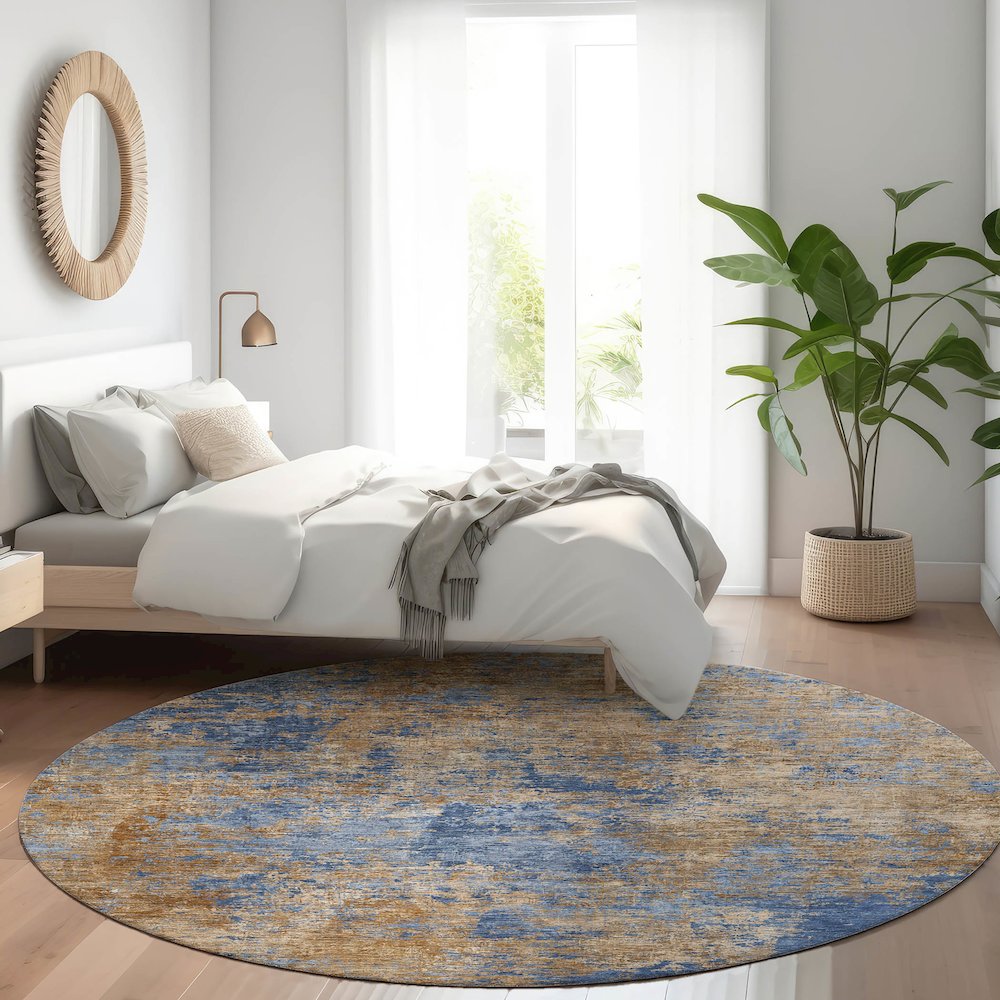 Luxury Washable Indoor/Outdoor Kochi Navy 8' x 8' Round Rug. Picture 5