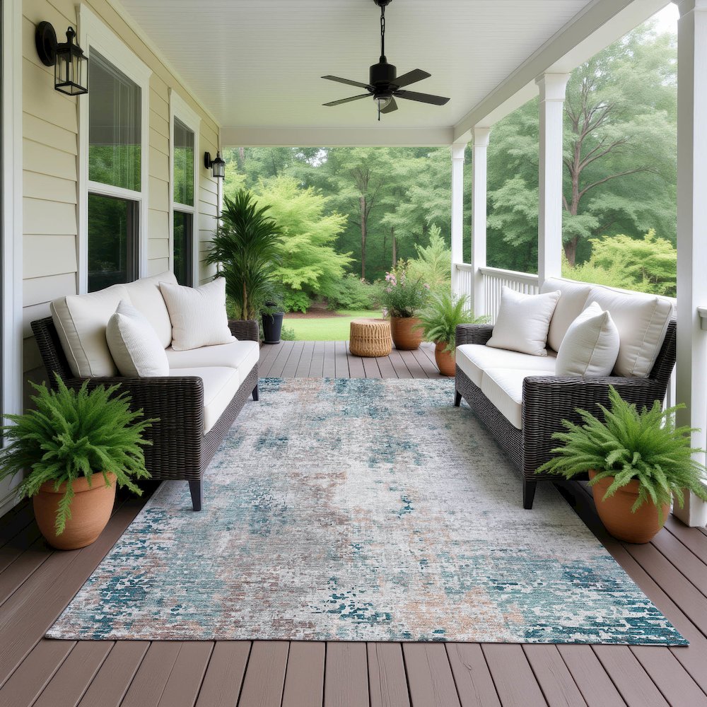 Luxury Washable Indoor/Outdoor Kochi Teal 2'6" x 3'10" Rug. Picture 6
