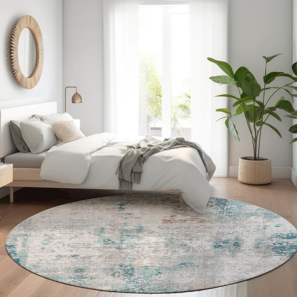 Luxury Washable Indoor/Outdoor Kochi Teal 8' x 8' Round Rug. Picture 5
