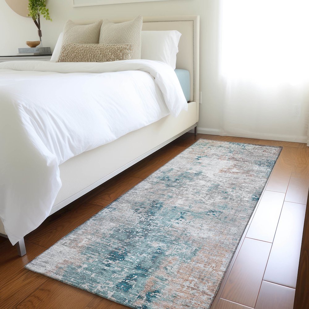 Luxury Washable Indoor/Outdoor Kochi Teal 2'3" x 7'6" Runner Rug. Picture 5
