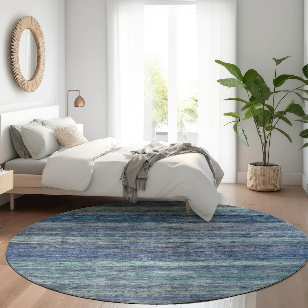 Luxury Washable Indoor/Outdoor Kochi Blue 8' x 8' Round Rug. Picture 5