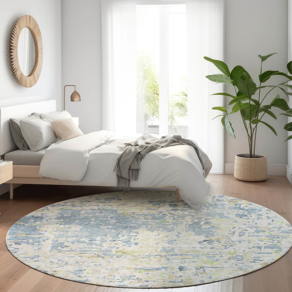 Luxury Washable Indoor/Outdoor Kochi Blue 8' x 8' Round Rug. Picture 5