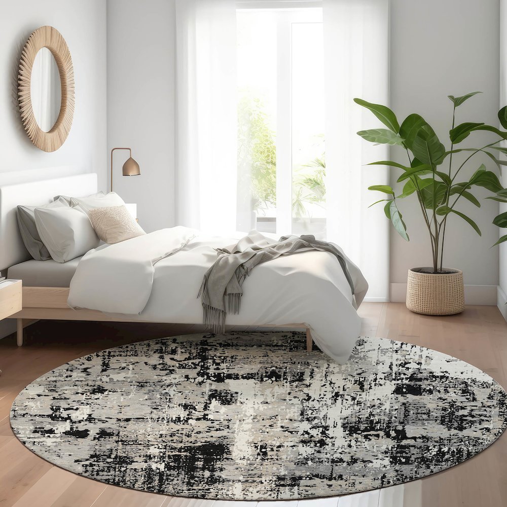 Luxury Washable Indoor/Outdoor Kochi Black 8' x 8' Round Rug. Picture 5