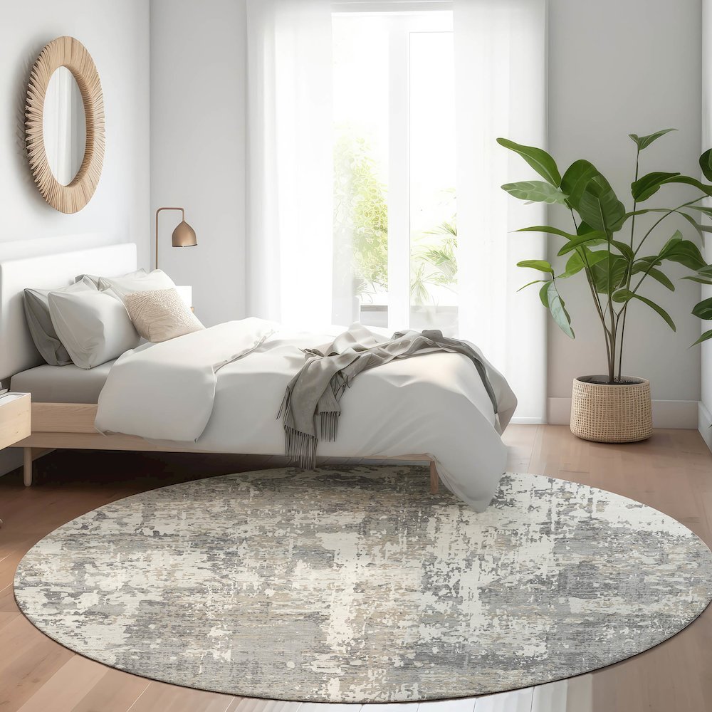 Luxury Washable Indoor/Outdoor Kochi Gray 8' x 8' Round Rug. Picture 5