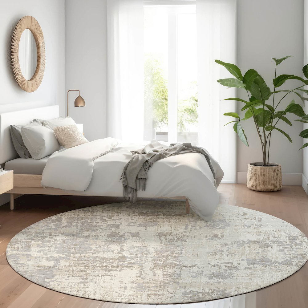 Luxury Washable Indoor/Outdoor Kochi Linen 8' x 8' Round Rug. Picture 5