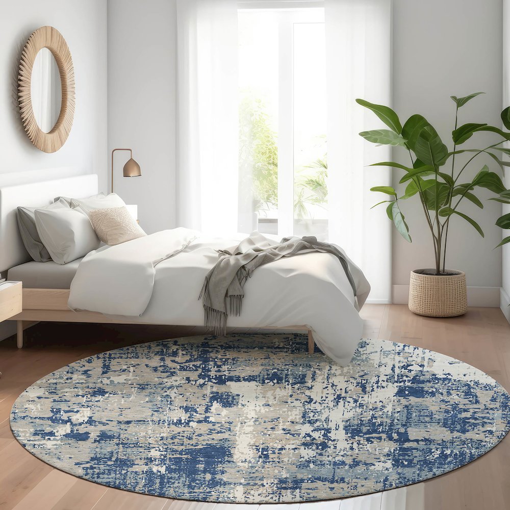 Luxury Washable Indoor/Outdoor Kochi Navy 8' x 8' Round Rug. Picture 5