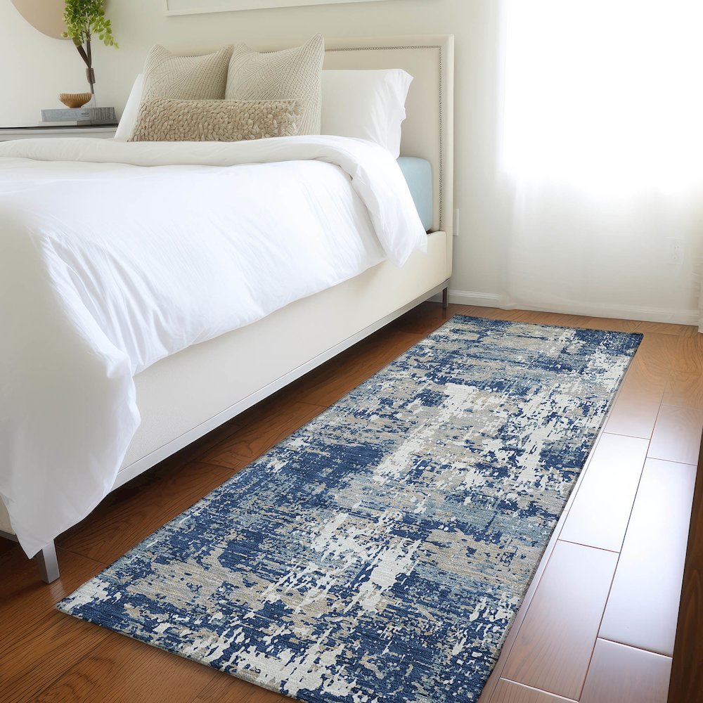 Luxury Washable Indoor/Outdoor Kochi Navy 2'3" x 7'6" Runner Rug. Picture 5