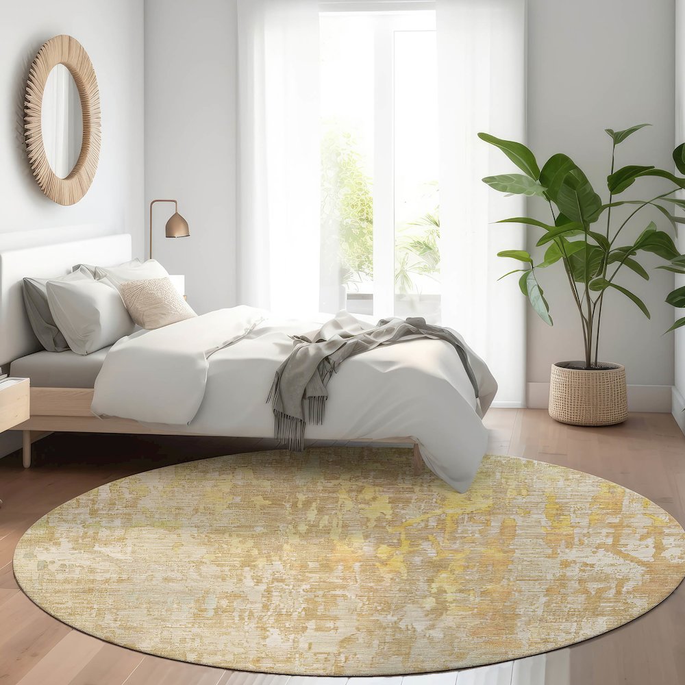 Luxury Washable Indoor/Outdoor Kochi Khaki 8' x 8' Round Rug. Picture 5