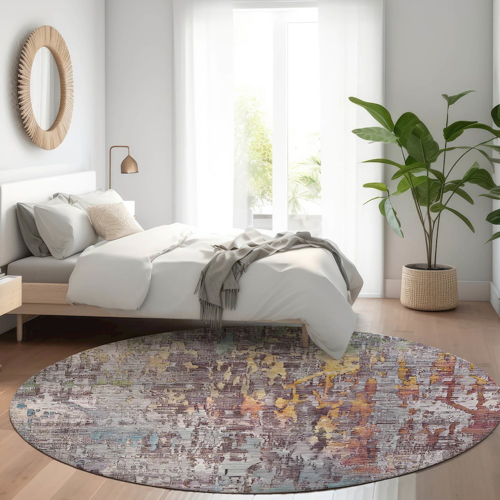 Luxury Washable Indoor/Outdoor Kochi Plum 8' x 8' Round Rug. Picture 5