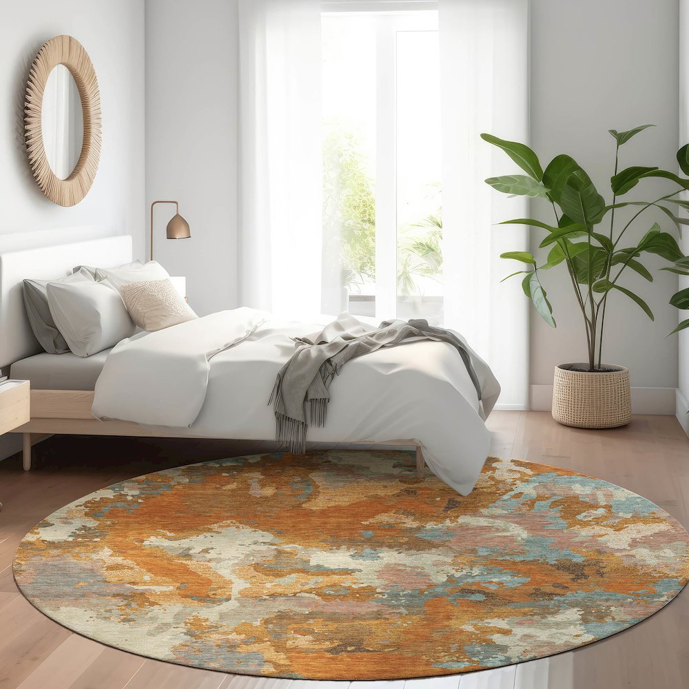 Luxury Washable Indoor/Outdoor Kochi Copper 8' x 8' Round Rug. Picture 5