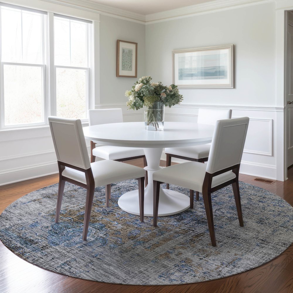 Indoor/Outdoor Karaj Blue 8' x 8' Round Rug. Picture 5