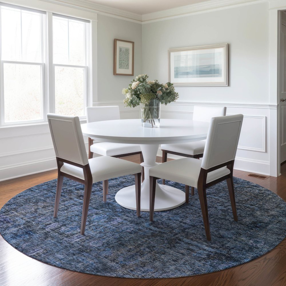 Indoor/Outdoor Karaj Blue 8' x 8' Round Rug. Picture 5