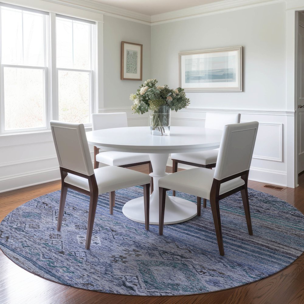 Indoor/Outdoor Karaj Blue 8' x 8' Round Rug. Picture 5
