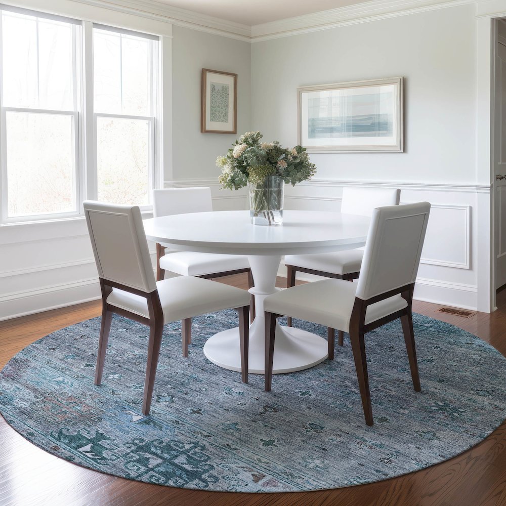 Indoor/Outdoor Karaj Blue 8' x 8' Round Rug. Picture 5