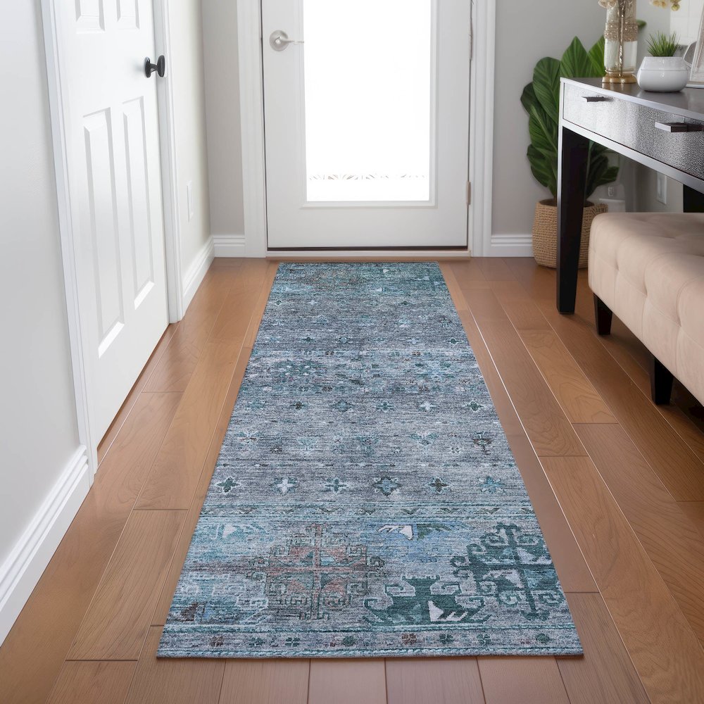 Indoor/Outdoor Karaj Blue 2'3" x 7'6" Runner Rug. Picture 5