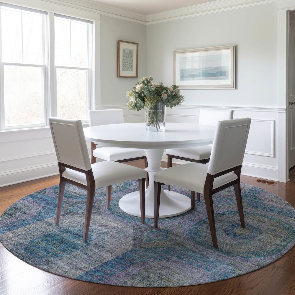 Indoor/Outdoor Karaj Blue 8' x 8' Round Rug. Picture 5