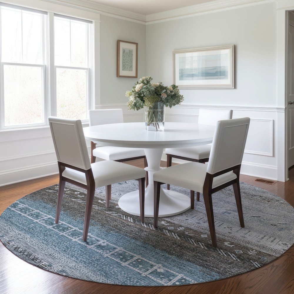 Indoor/Outdoor Karaj Blue 8' x 8' Round Rug. Picture 5