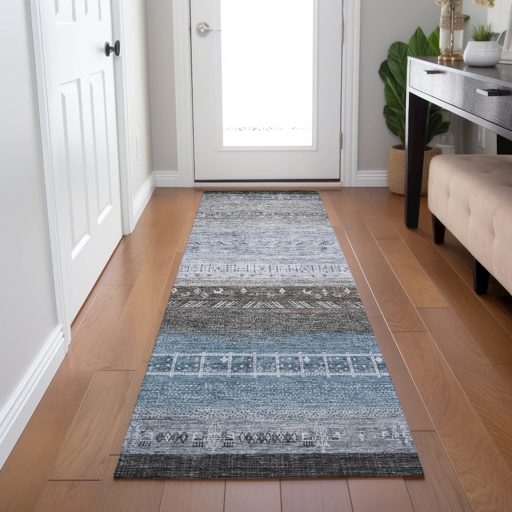 Indoor/Outdoor Karaj Blue 2'3" x 7'6" Runner Rug. Picture 5