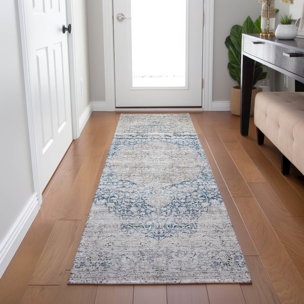 Indoor/Outdoor Karaj Blue 2'3" x 7'6" Runner Rug. Picture 5