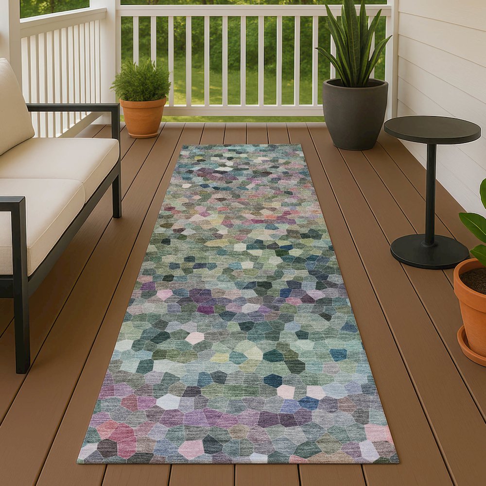 Luxury Washable Indoor/Outdoor Kaleidoscope KL1 Green 2'3" x 7'6" Runner Rug. Picture 6