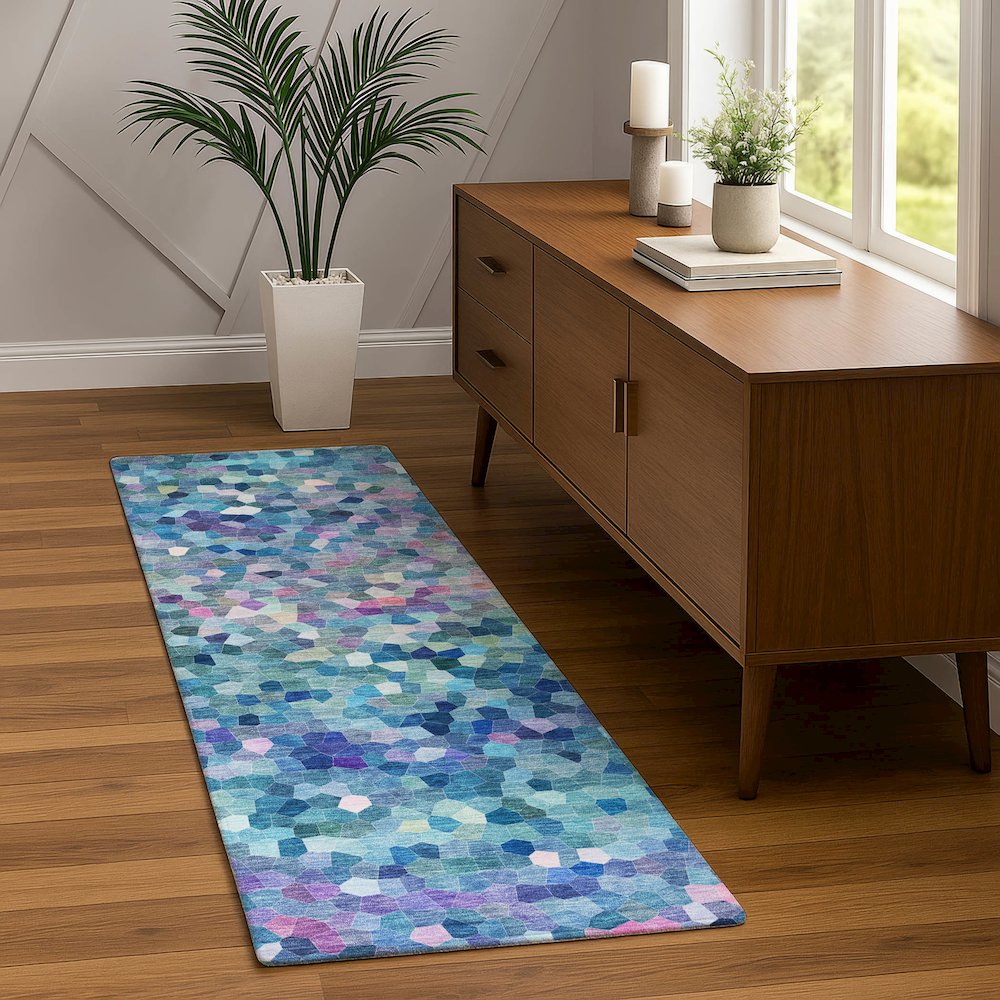 Luxury Washable Indoor/Outdoor Kaleidoscope KL1 Teal 2'3" x 7'6" Runner Rug. Picture 5
