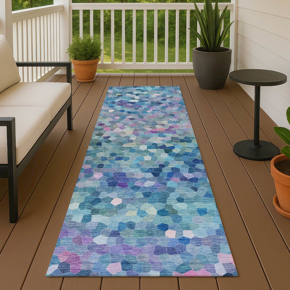 Luxury Washable Indoor/Outdoor Kaleidoscope KL1 Teal 2'3" x 7'6" Runner Rug. Picture 6
