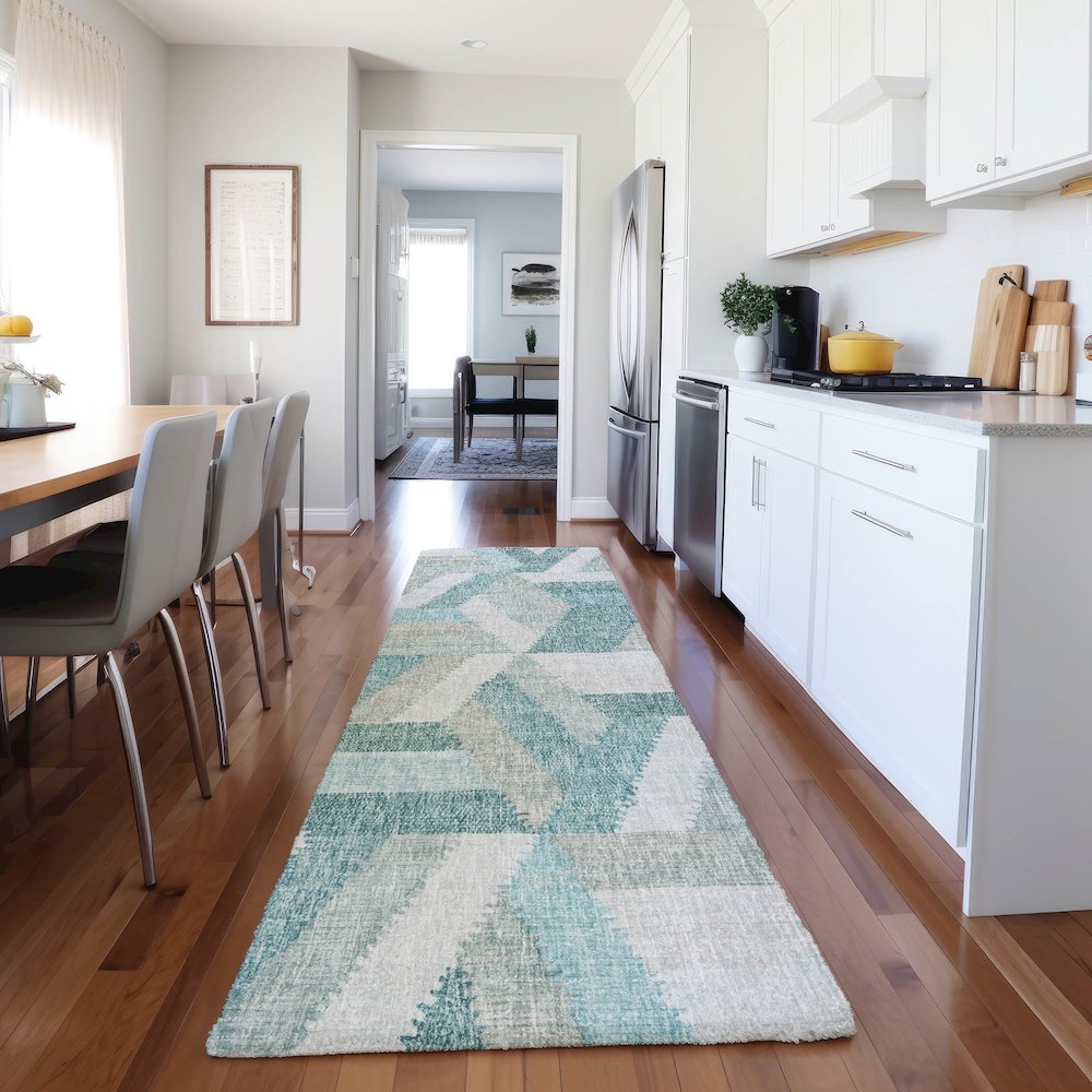 Luxury Washable Lorenzo Teal 2'3" x 7'6" Runner Rug. Picture 5