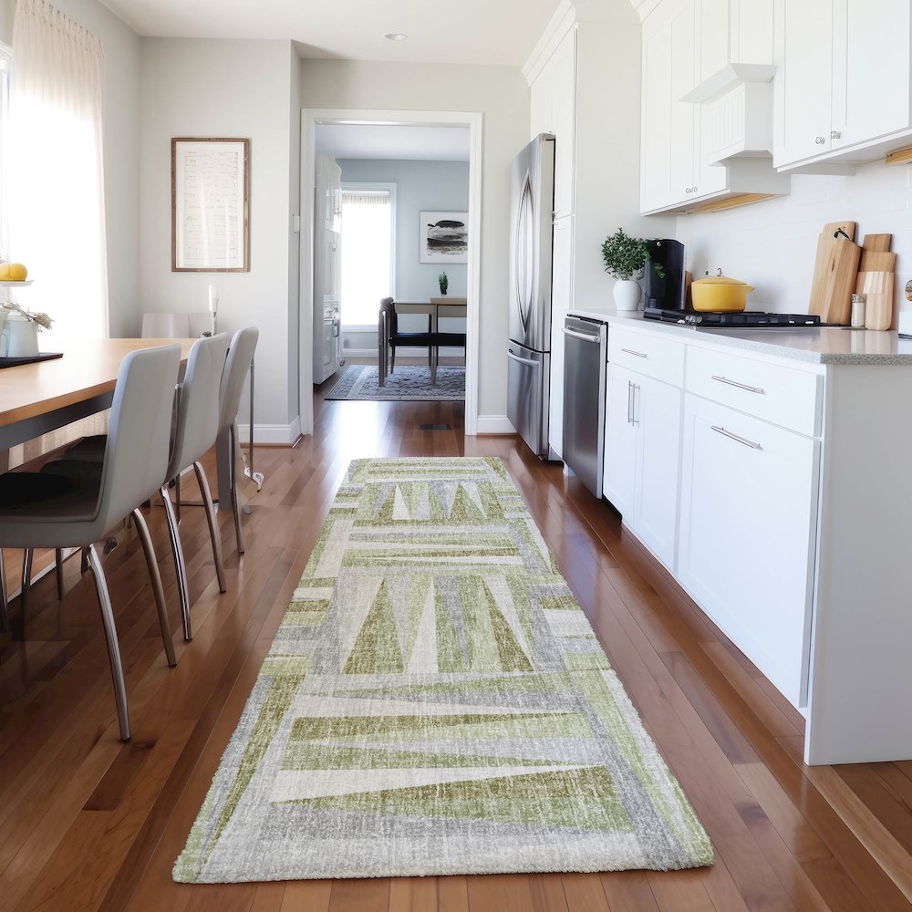 Luxury Washable Lorenzo Green 2'3" x 7'6" Runner Rug. Picture 5