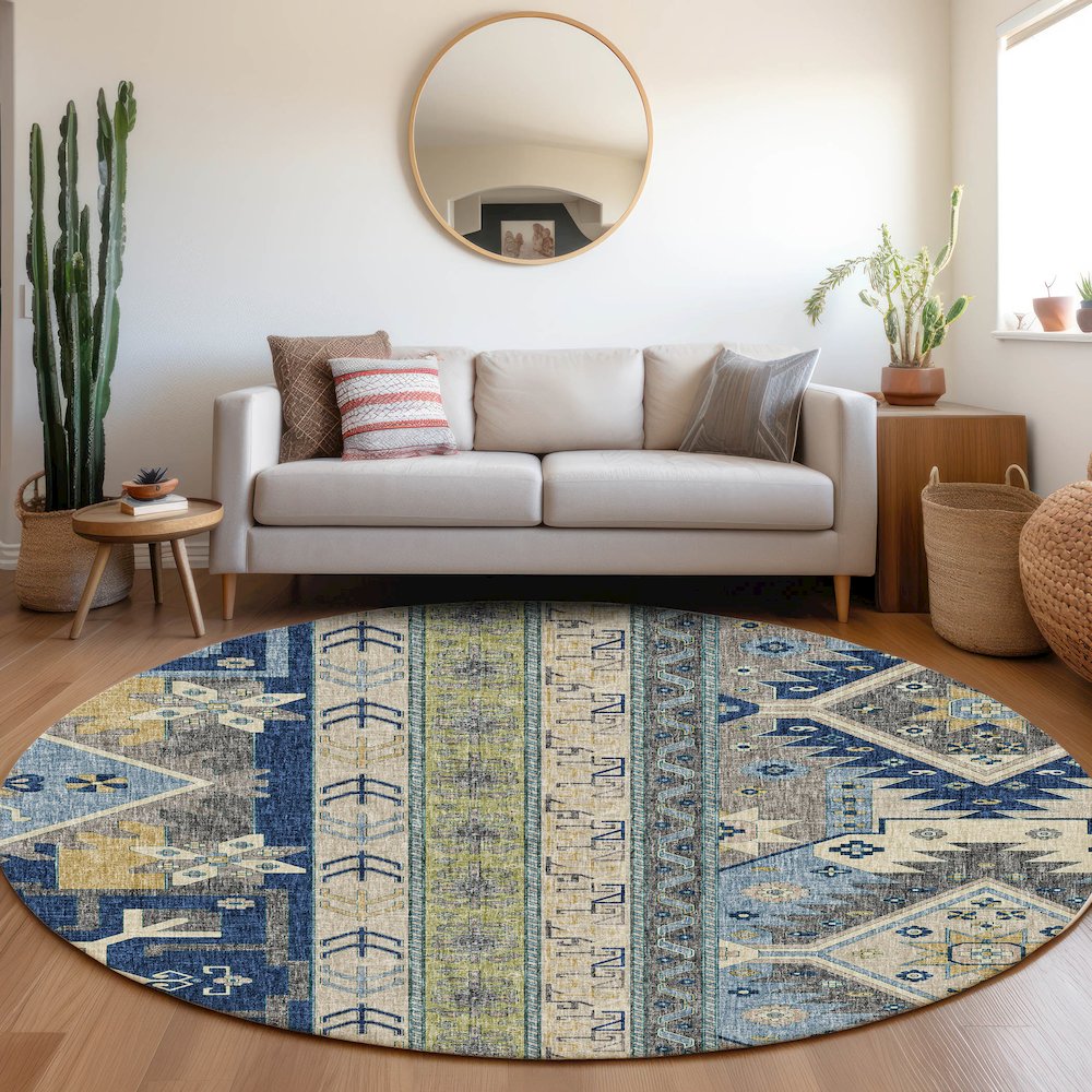 Luxury Washable Lorenzo Navy 8' x 8' Round Rug. Picture 5
