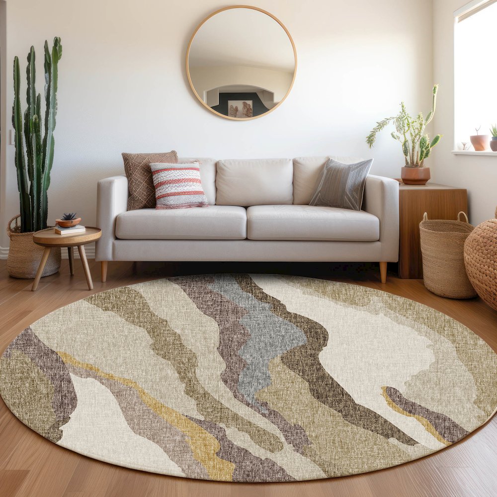Luxury Washable Lorenzo Beige 8' x 8' Round Rug. Picture 5