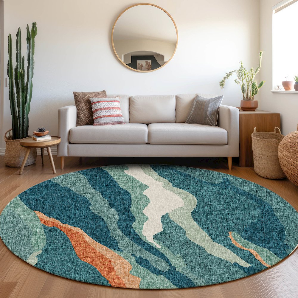 Luxury Washable Lorenzo Teal 8' x 8' Round Rug. Picture 5