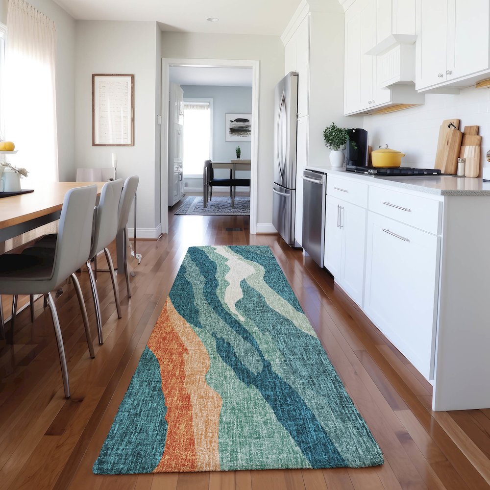 Luxury Washable Lorenzo Teal 2'3" x 7'6" Runner Rug. Picture 5