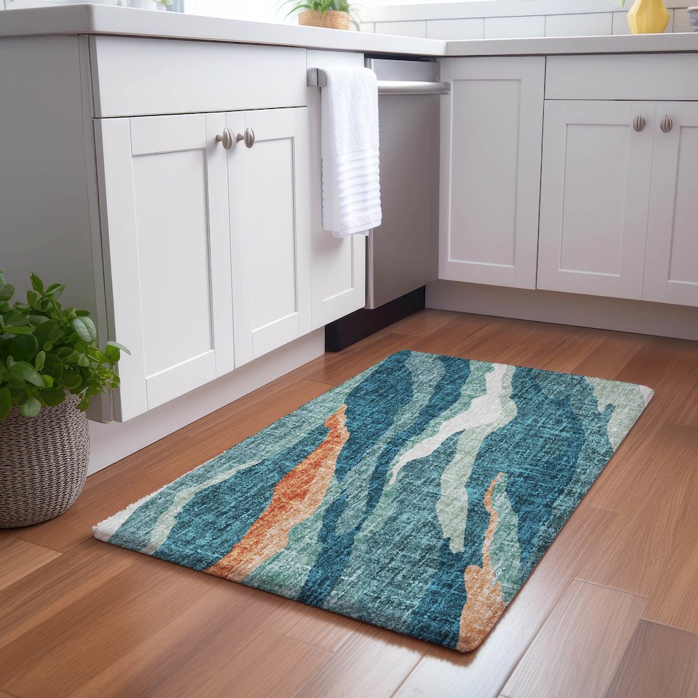 Luxury Washable Lorenzo Teal 1'8" x 2'6" Rug. Picture 5