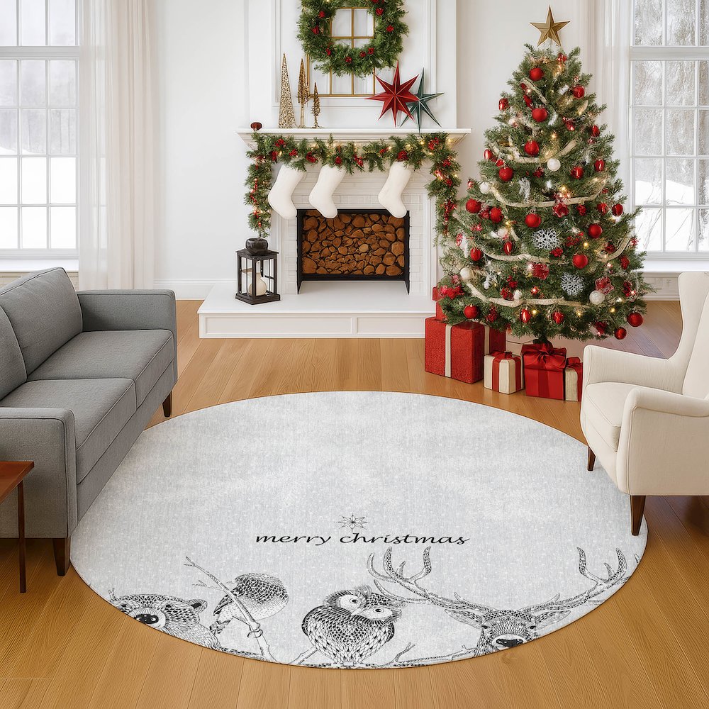 Luxury Washable Indoor/Outdoor Merry & Bright Flannel 8' x 8' Round Rug. Picture 5