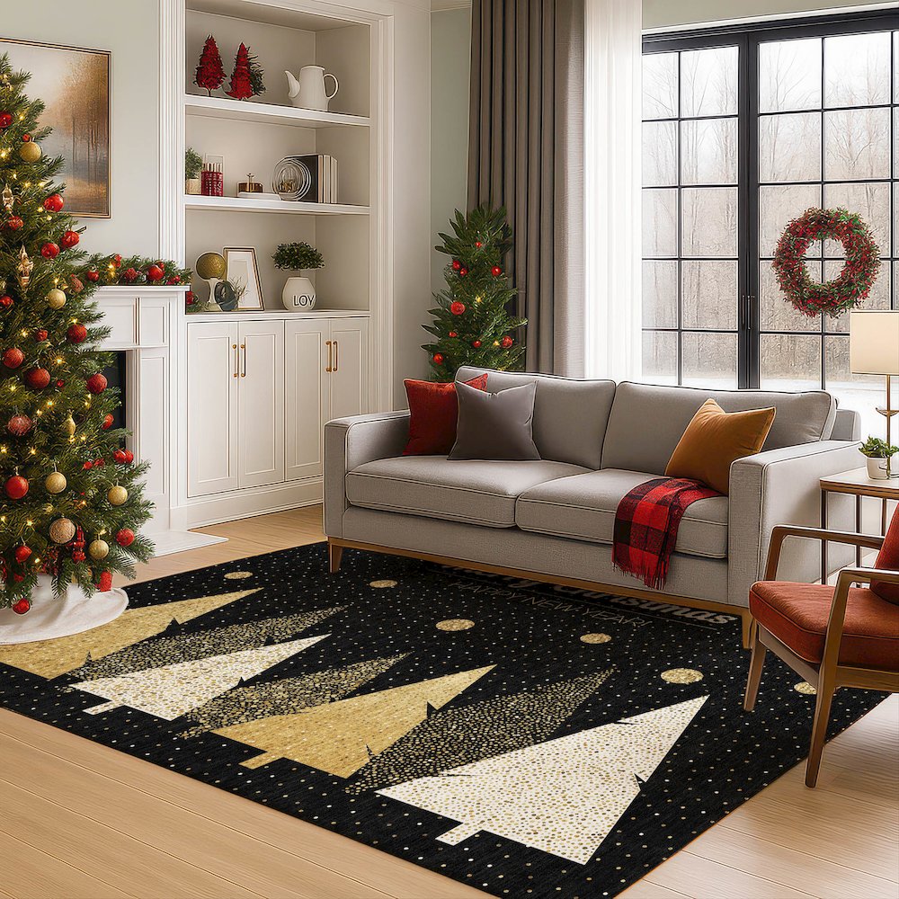Luxury Washable Indoor/Outdoor Merry & Bright Black 2'6" x 3'10" Rug. Picture 6