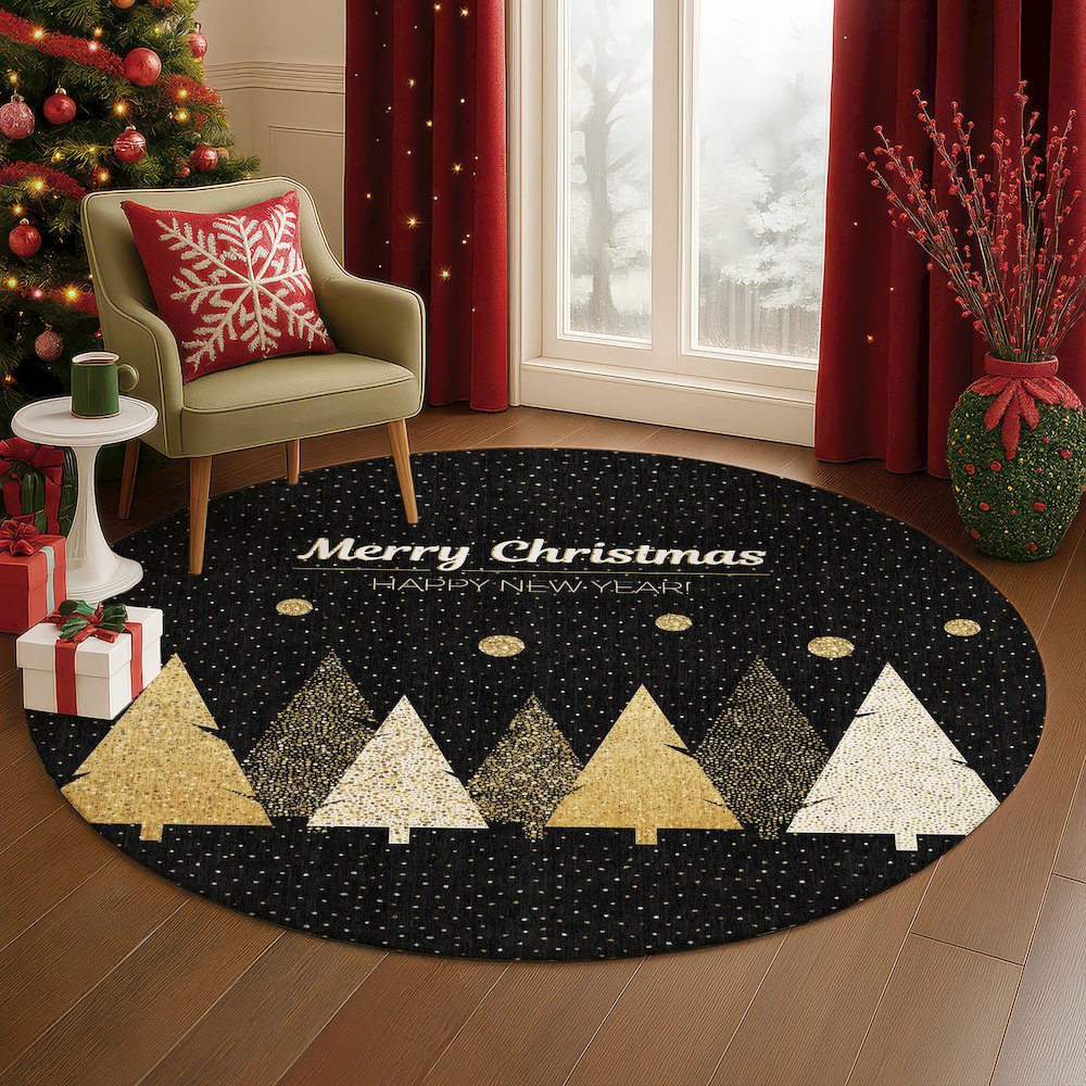 Luxury Washable Indoor/Outdoor Merry & Bright Black 8' x 8' Round Rug. Picture 5