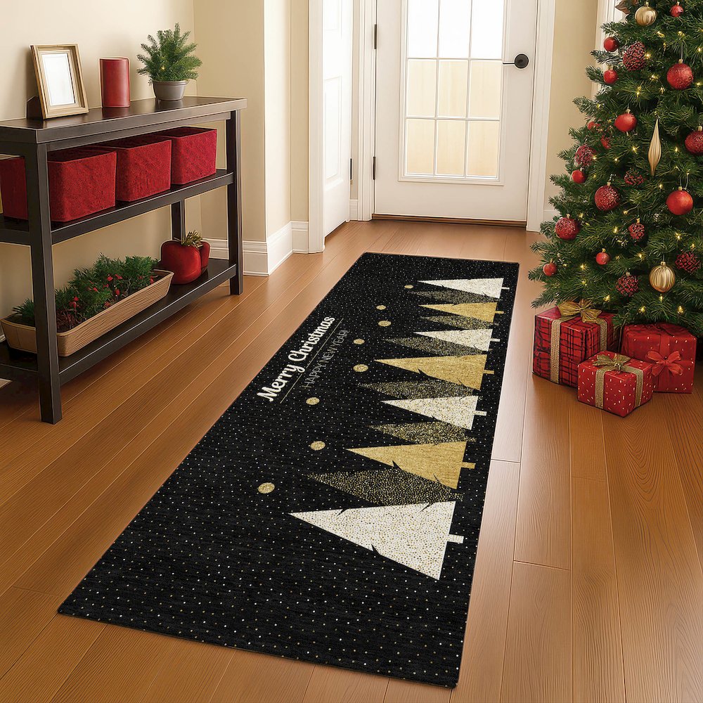 Luxury Washable Indoor/Outdoor Merry & Bright Black 2'3" x 7'6" Runner Rug. Picture 5