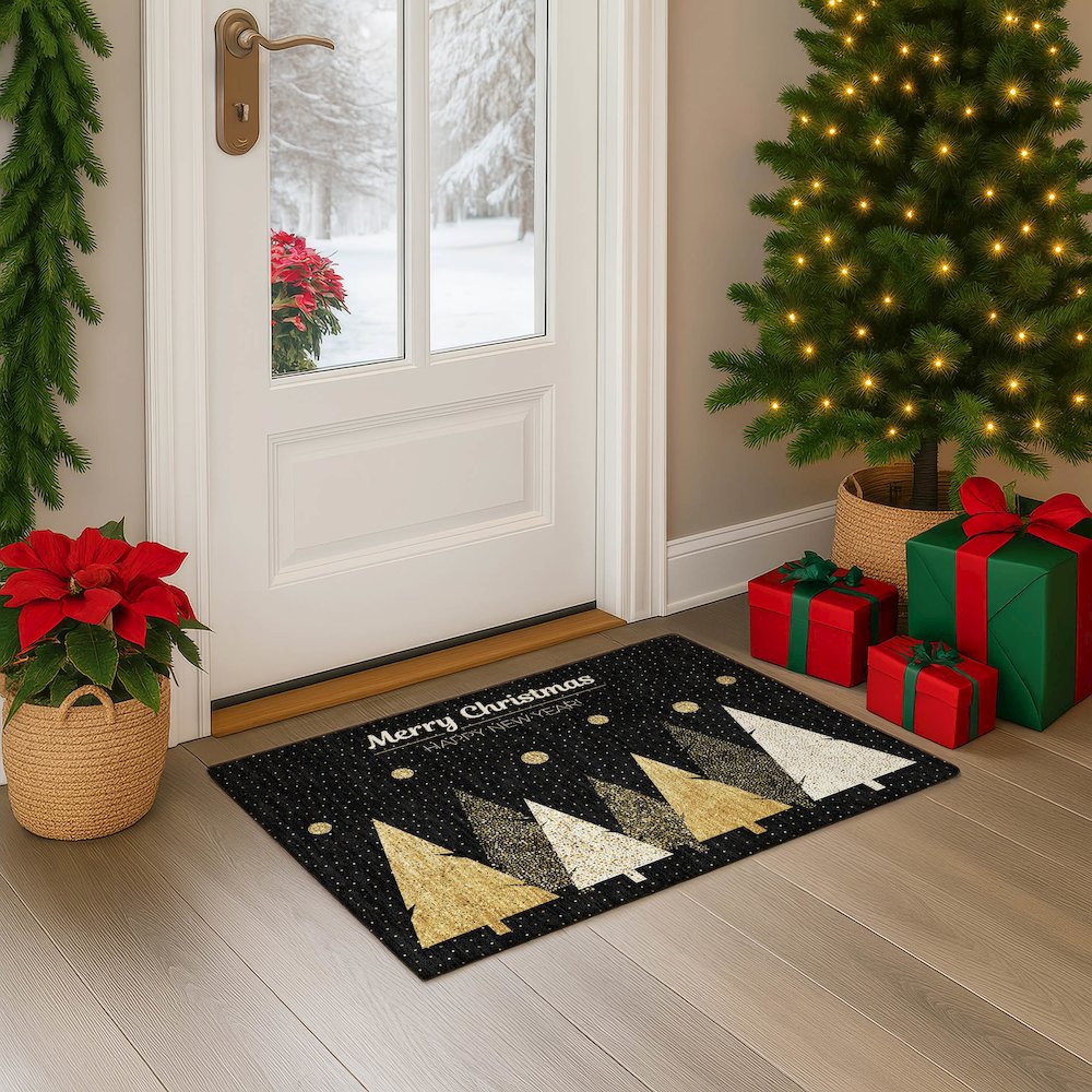 Luxury Washable Indoor/Outdoor Merry & Bright Black 1'8" x 2'6" Rug. Picture 5