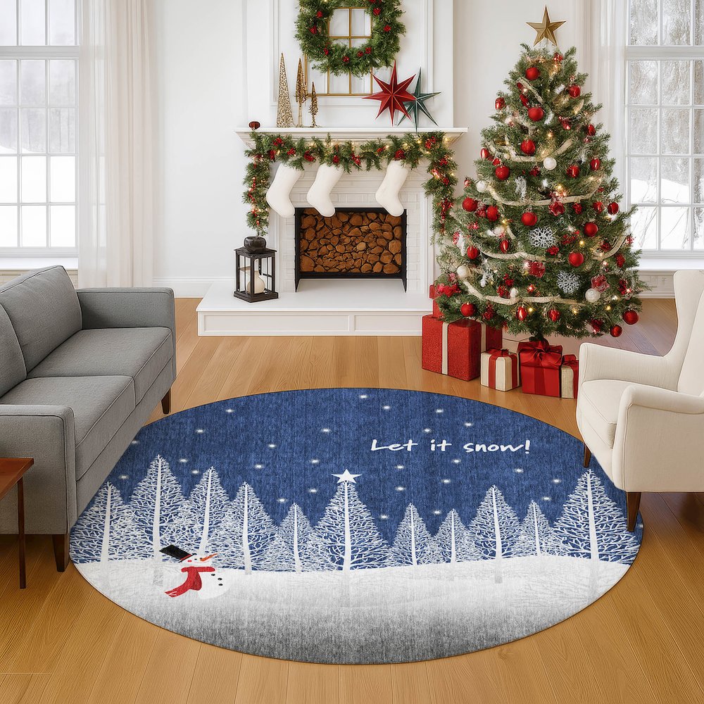 Luxury Washable Indoor/Outdoor Merry & Bright Navy 8' x 8' Round Rug. Picture 5