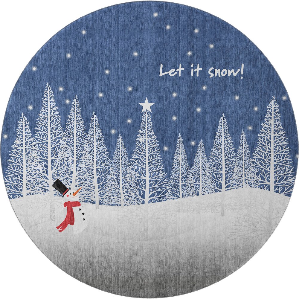 Luxury Washable Indoor/Outdoor Merry & Bright Navy 8' x 8' Round Rug. Picture 1